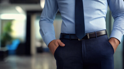 The worker is dressed in typical office attire, such as a shirt pants for women. The clothing is neat and professional, fitting the office setting