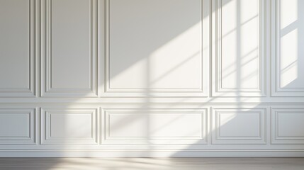 Obraz premium Sunlight streaming through windows onto classic white panel walls in a minimalist, elegant interior setting.