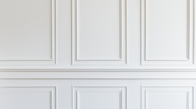 Elegant white interior wall paneling with classic rectangular patterns, providing a smooth and sophisticated backdrop for any space.