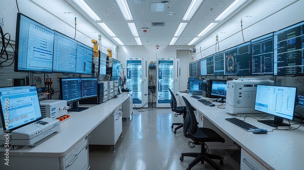 Leinwandbilder A lab setup with advanced sequencers, large digital displays showing data. Generative AI.