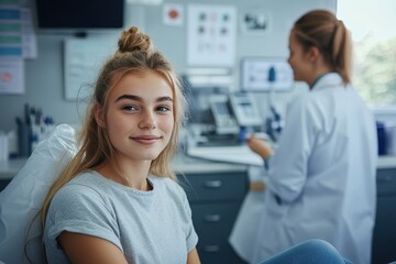 Fototapeta premium A young woman smiling while using a telehealth service on her laptop at home, showcasing the convenience and accessibility of remote healthcare options.