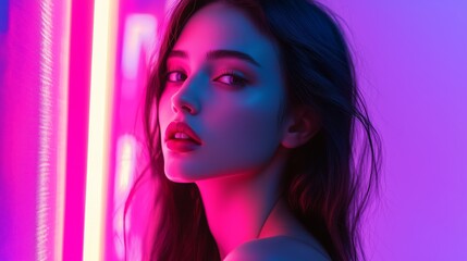 Obraz premium Close-up portrait of a young woman illuminated by vibrant pink and purple neon lights, creating a mesmerizing glow.