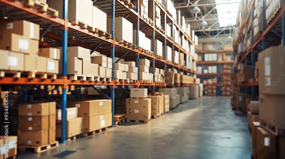 Leinwandbilder A warehouse with pallets of goods and boxes, ready for delivery. The focus is on the pallet with various items stacked high in one corner. In front an empty shelf. Generative AI.