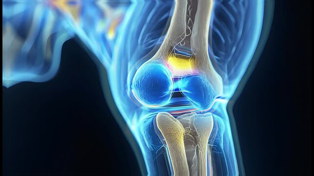 Detailed Medical Illustration of Human Knee Joint Anatomy, Depicting Bones, Cartilage, Ligaments, Including Femur, Tibia, Patella, with Articular Cartilage and Meniscus Highlighted in Blue