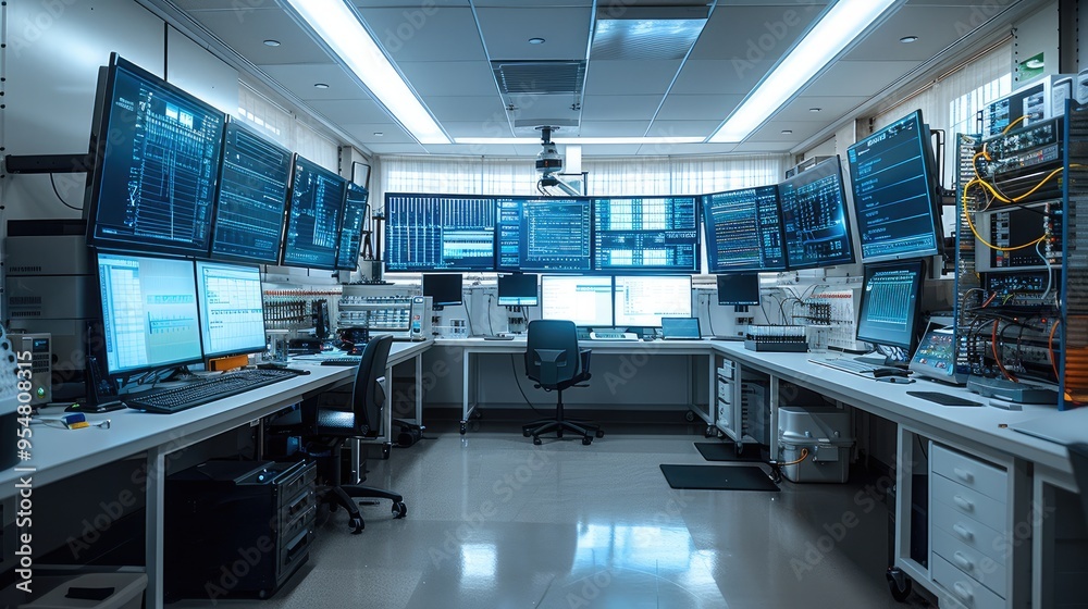 Leinwandbilder A lab setup with advanced sequencers, large digital displays showing data. Generative AI.