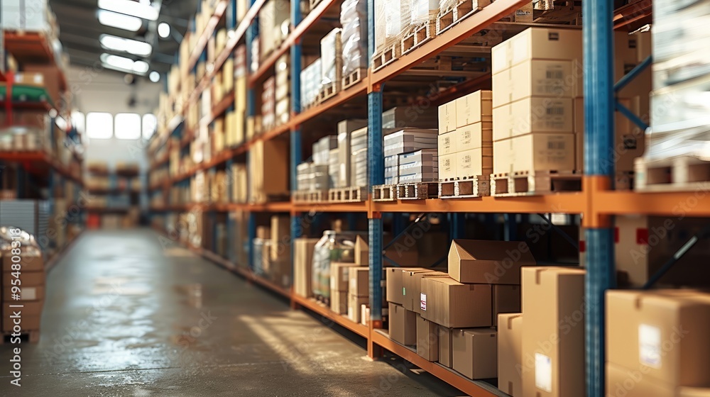 Leinwandbilder a warehouse with pallets of goods and boxes, ready for delivery. the focus is on the pallet with var
