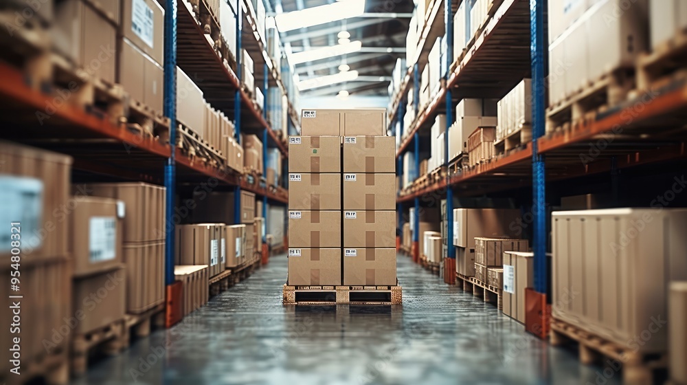Leinwandbilder A warehouse with pallets of goods and boxes, ready for delivery. The focus is on the pallet with various items stacked high in one corner. In front an empty shelf. Generative AI.