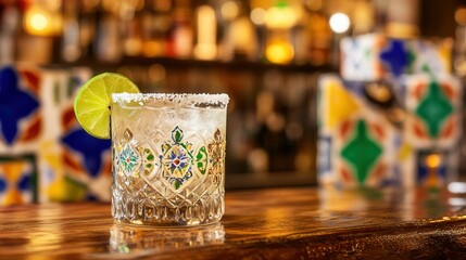 Tequila with Lime and Salt Rim on Mexican Bar Counter. AI generated illustration