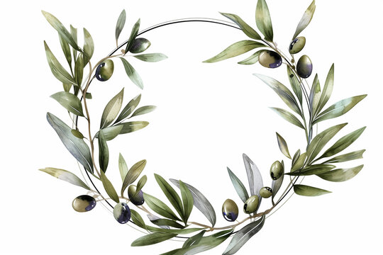 round wreath with olive branch and silver outline. watercolor olive leaves, green and black olives fruit isolated on white. Hand drawn floral illustration, circle frame for wedding design, logo, menu

