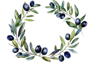 round wreath with olive branch and silver outline. watercolor olive leaves, green and black olives fruit isolated on white. Hand drawn floral illustration, circle frame for wedding design, logo, menu
