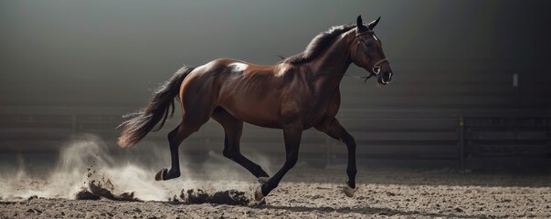 Obraz premium Elegant horse cantering gracefully in arena, 4K hyperrealistic photo