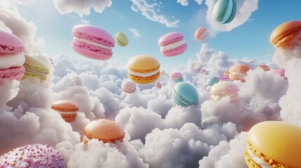 Vibrant macarons appear to float among clouds in a surreal, dreamy sky setting, offering a whimsical visual feast.