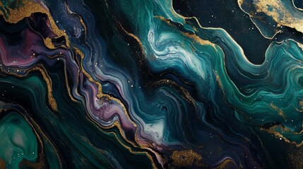 Obraz premium Abstract Swirling Blue, Green, and Gold Paint with Glitter