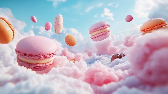 Vivid macarons floating amidst fluffy, dreamy clouds with a bright, blue sky in the background.