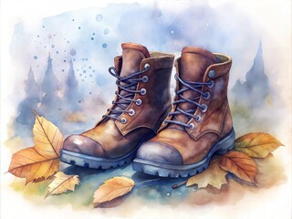  Illustration of two boots with autumn leaves