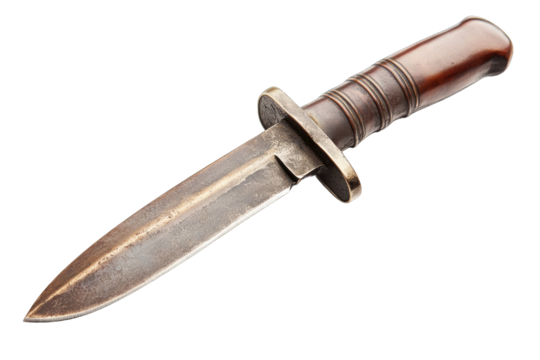 A vintage dagger with a wooden handle and a weathered blade, perfect for historical themes, decorations, or storytelling.