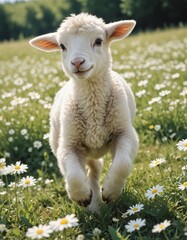 Fototapeta premium Adorable Lamb Standing in a Field of Daisies