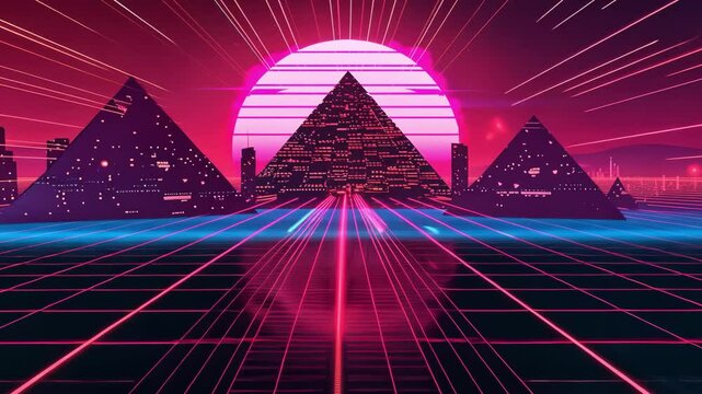 Futuristic Synthwave Landscape with Pyramids and Neon Sunset