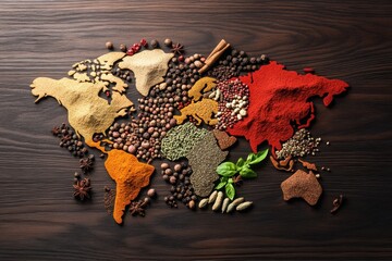 World Map of Spices: A creative flat lay of various spices arranged on a dark wooden surface to form the shape of a world map. Each continent is represented by spices native to that region, with a few
