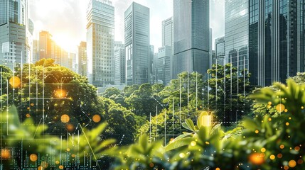 A vibrant urban landscape with lush greenery and modern building, overlaid with transparent data chart and graphs, symbolizing eco-friendly business practices and sustainable reporting. Generative AI.