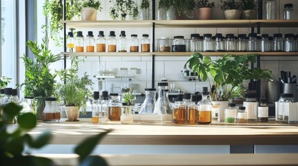 Fototapeta premium Cozy Culinary Corner: A Vibrant Home Kitchen Filled with Plants and Spices