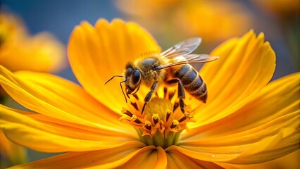 a photo image of a single European honey bee resting on the delicate yellow petals of a Cosmos bipinnatus bloom in high-resolution detail