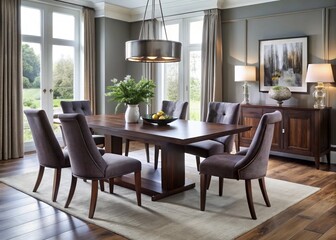 Fototapeta premium Dark wood dining table comfortably seats six, the centerpiece of a modern dining room featuring sleek lines and