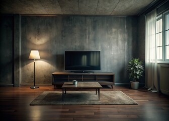 Photo image of a desolate living room with a blank, dark TV screen dominating the focal point of the room.