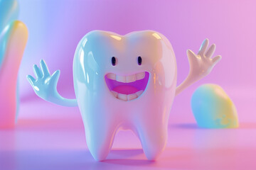 A funny animated tooth shows a cool gesture on a multicolored background. 3d animation.


