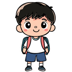 Cute cartoon school boy with backpack standing on a white isolated background in doodle style