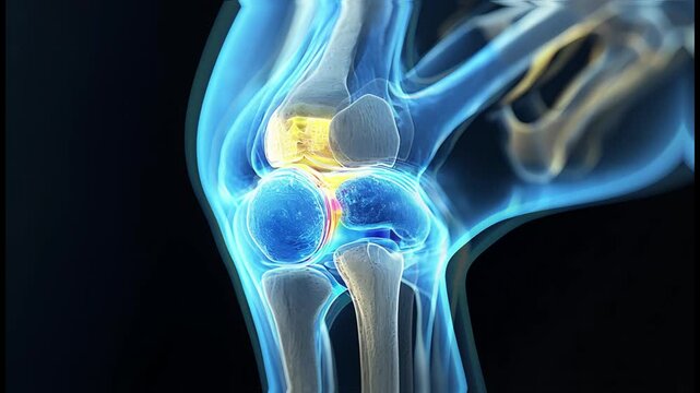 Detailed medical illustration of human knee joint anatomy, showing bones, cartilage, ligaments, femur, tibia, patella, articular cartilage, meniscus highlighted in blue, and ACL in red