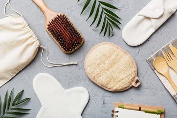 Zero waste concept. Eco-friendly home daily accessories. top view