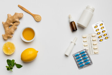 Natural cold and flu home remedies. Natural ingredients for immunity stimulation and viruses protection. top view flat lay