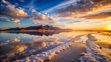 Great Salt Lake, Utah, USA in the evening, with a shallow depth of field, blurring the surrounding landscape and emphasizing the intricate textures of the lake's shoreline.
