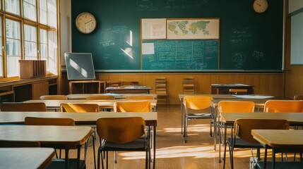 Vintage Classroom with Chalkboard and School Desks