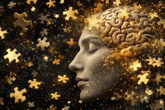 Aging brain Thought processes Golden statue of a woman with puzzle brain symbolizing the complexity of memory identity and the intricate nature of cognitive functions
