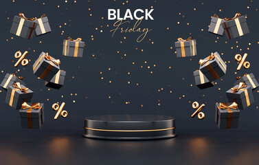 Black Friday banner background with a podium platform surrounded by black and gold floating gifts on a dark scene for product stand in 3D illustration