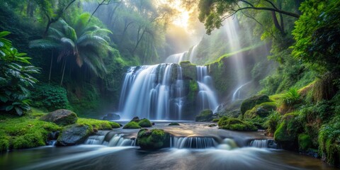 Cuquenan Falls in June serene and peaceful image of the falls at dawn, with soft, misty light, and a sense of calmness and serenity, with accurate depiction of the rainforest's sounds and scents.