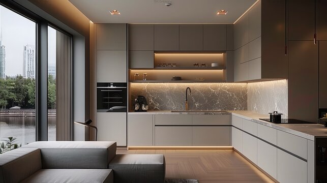 Kitchen cabinet, L-shaped cabinet structure, open kitchen space with large floor to ceiling windows, good lighting, modern luxury style, Cabinet door panel finish, characterized by a smooth surface.