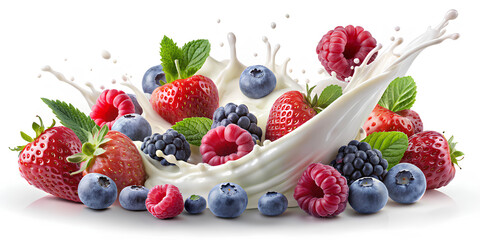 Milk splash and Mixed berries pouring, Seamless pattern border, isolated on white background