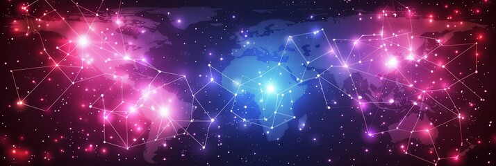 Fototapeta premium Global Network, World Map with Glowing Polygons, Lines and Particles on a Dark Background.