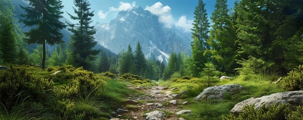 Rocky forest trail leading to a mountain view, 4K hyperrealistic photo