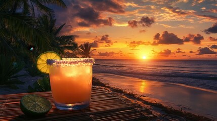 Tropical Beach Sunset with Margarita on a Bamboo Table, Palm Trees, and Golden Ocean Reflections. AI generated illustration