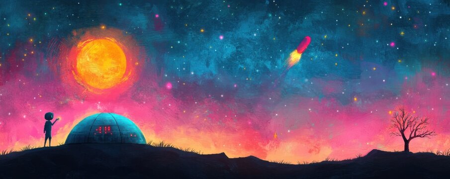 Futuristic Pixel Art Space Colony: Dome Structures in Alien Landscapes under Starlit Skies
