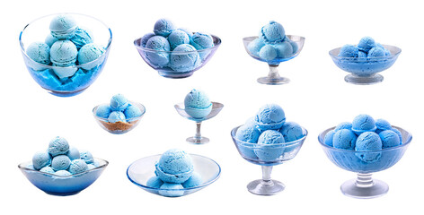 Fototapeta premium Blue ice cream in a glass bowl on an isolated background.