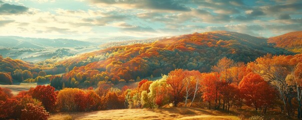 Golden autumn hills with colorful foliage, 4K hyperrealistic photo