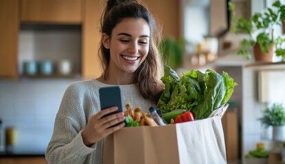 Young woman smiling holding grocery shopping bag and using mobile phone at home.