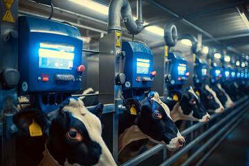 Obraz premium Herd of dairy cows being milked in a modern, clean milking parlor with automated equipment and a focus on animal welfare.