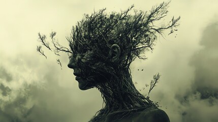 Surreal Digital Art of Human Figure with Tree Branches in a Cloudy Atmosphere