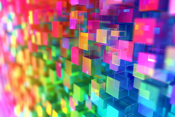 Background of fast-moving colored pixels on white background. Motion. Animation with blurred pixel background of moving squares. Moving colored pixels that create blurry image effect.


